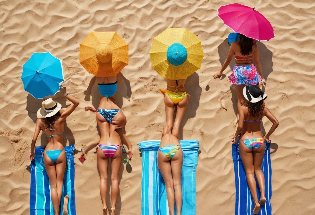 A stunning beach scene featuring a diverse group of fashionable individuals wearing trendy two-piece swimsuits in vibrant colors. They are accessorizing with colorful beach towels, chic sunglasses, and playful hats, all set against a backdrop of crashing waves and sun-kissed sand. Bright umbrellas and a clear blue sky enhance the tropical vibe. The atmosphere is lively and fun, embodying a sense of summer joy. super-realistic. vibrant colors. beach setting.